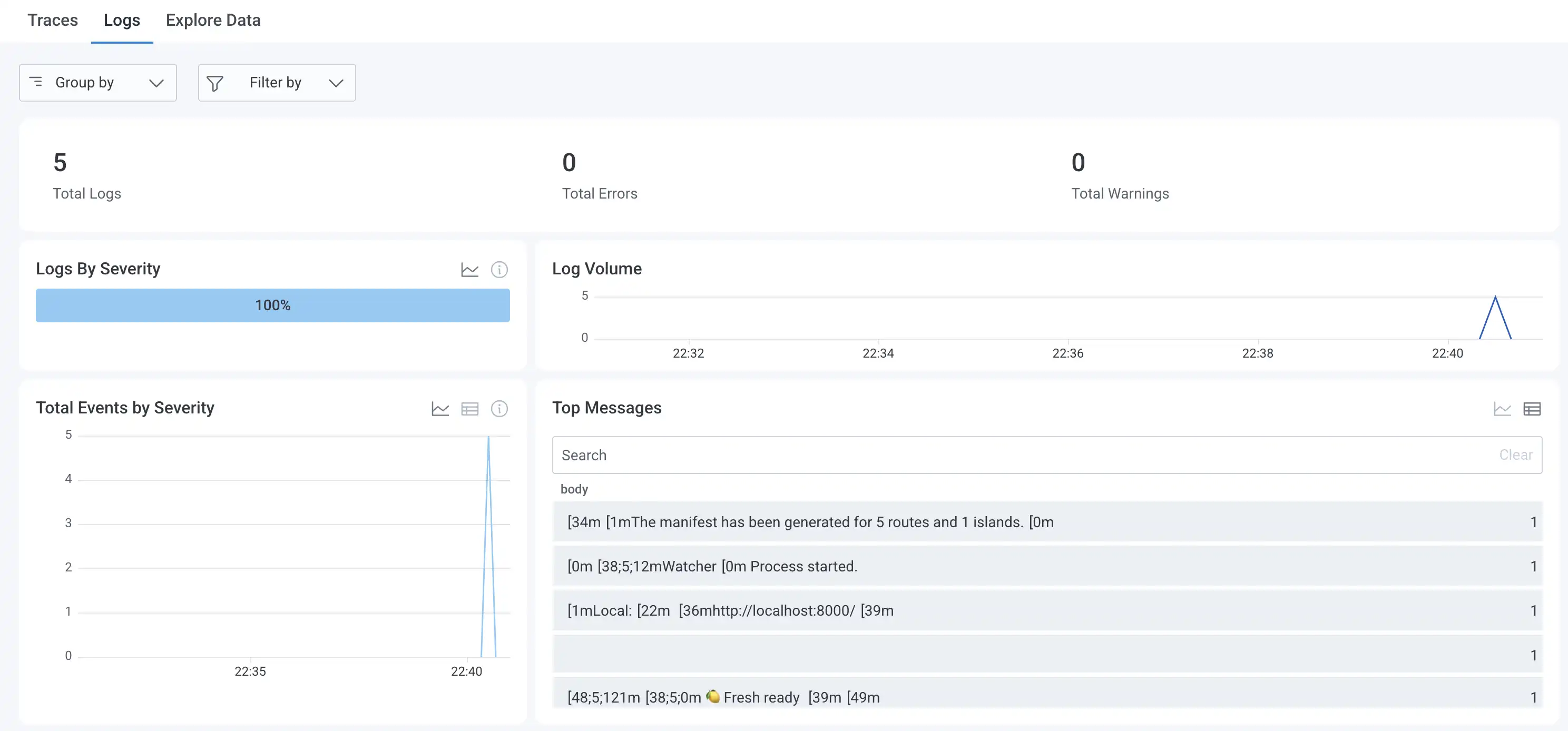 screenshot of honeycomb.io showing some startup logs