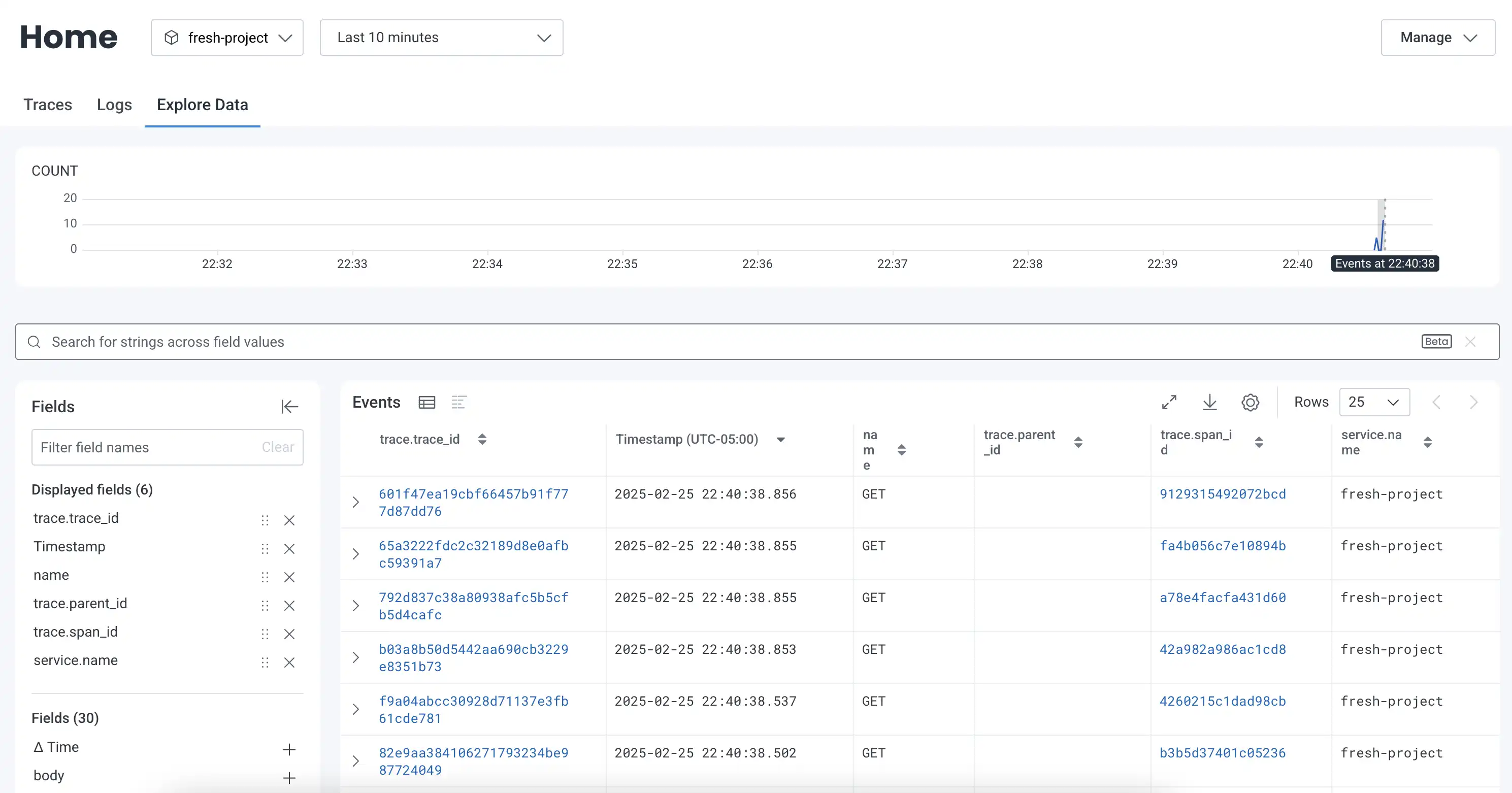 screenshot of honeycomb.io showing traces generated by Deno