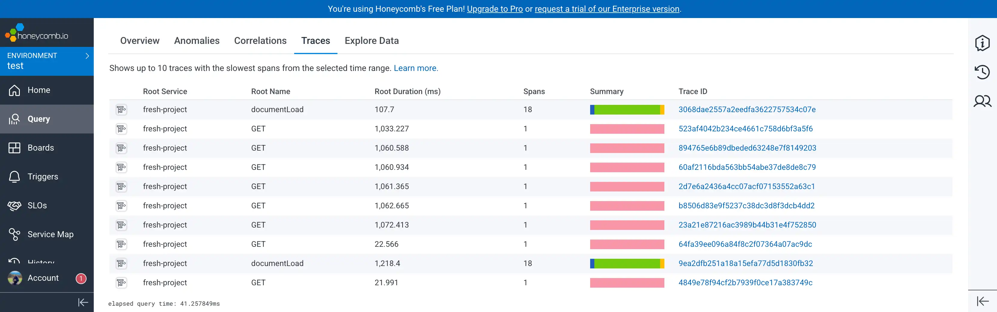 screenshot of honeycomb.io showing some traces with multiple spans generated by the browser