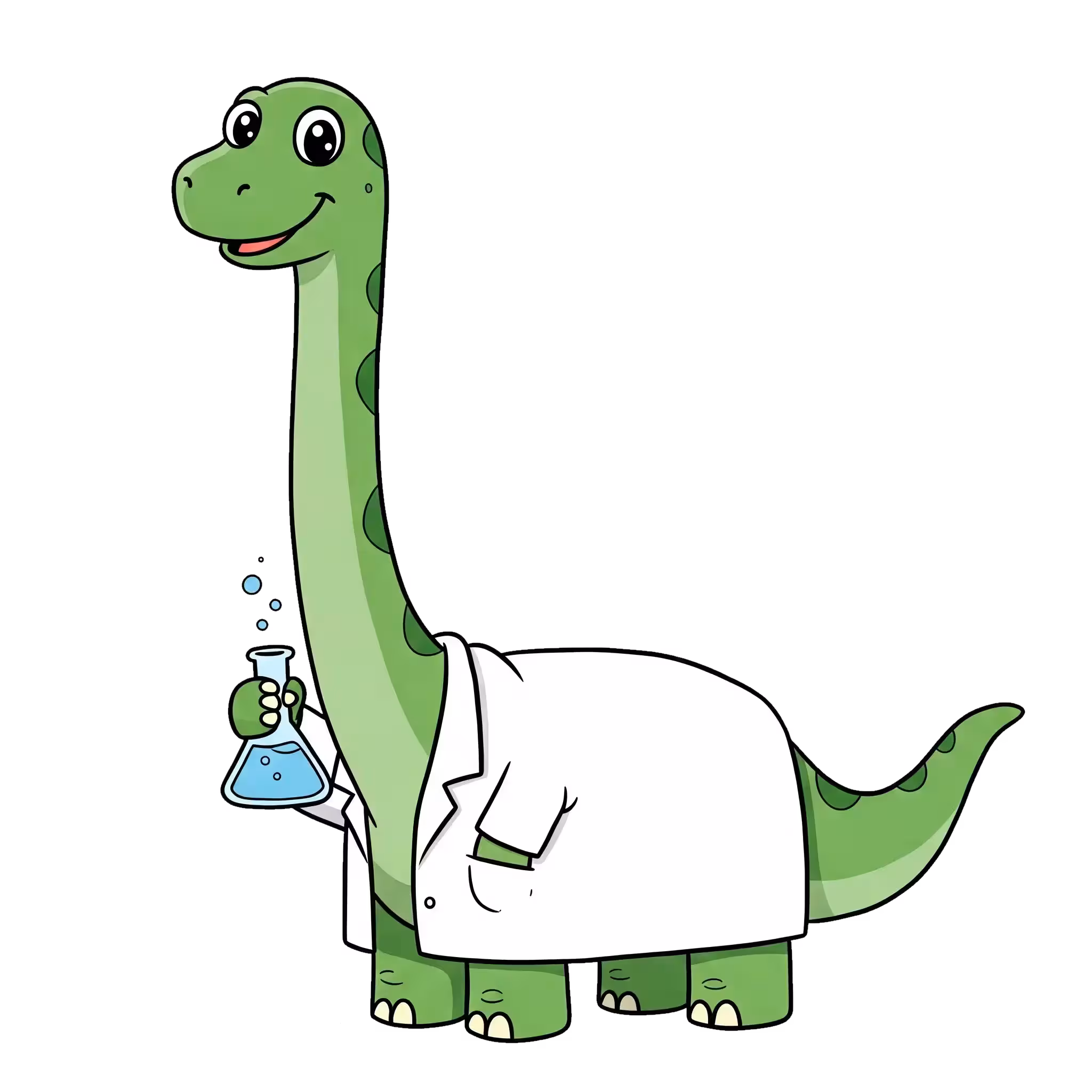 a friendly brontosaurus wearing a labcoat and holding a beaker